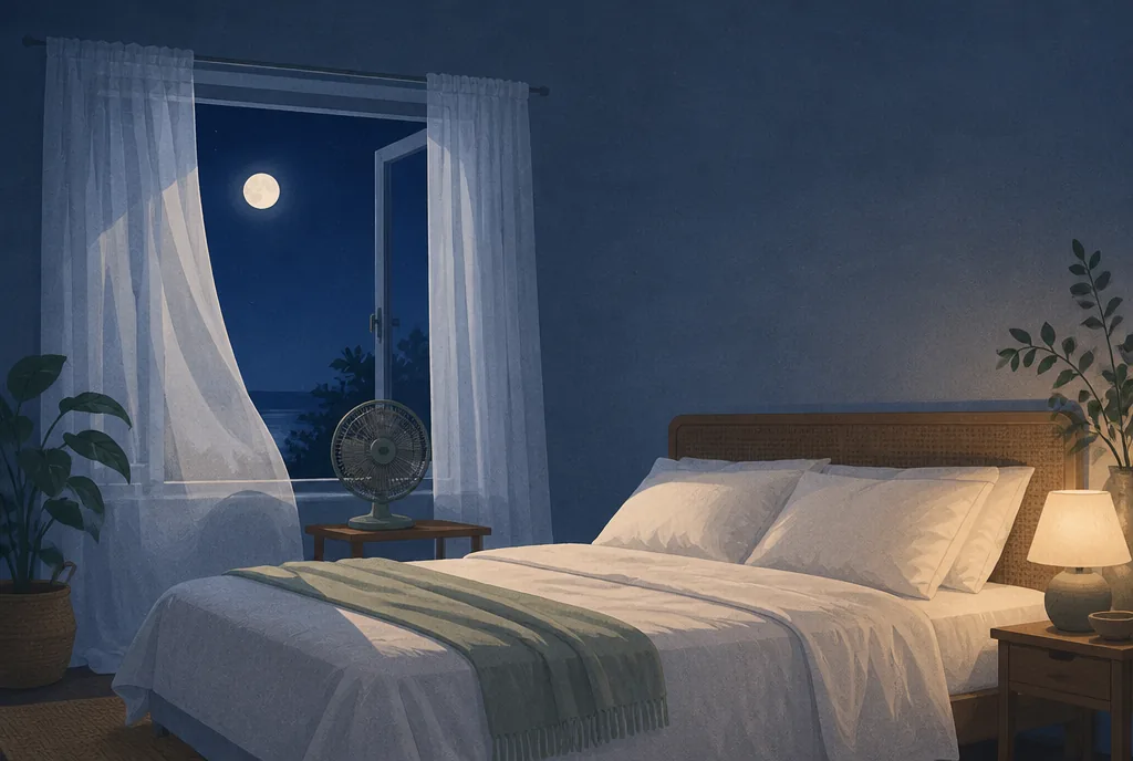 The Best Bedroom Temperature for Sleep Bed with light linen sheets beside an open window and a small fan in cool evening light