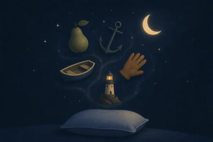Cognitive Shuffling: The Word Game That Helps You Fall Asleep (Printable Word List) Small unrelated objects like a pear, an anchor and a rowboat floating above a pillow at night