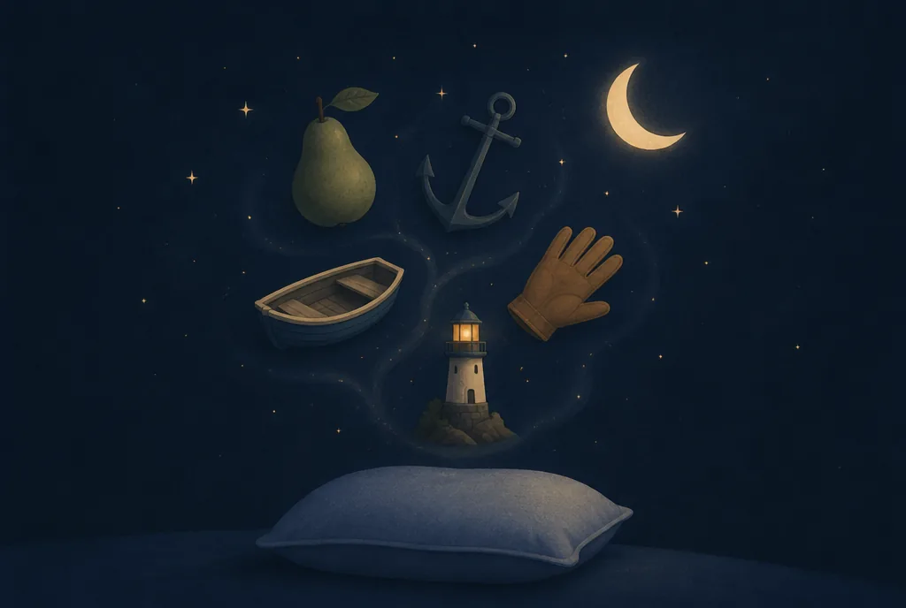 Cognitive Shuffling: The Word Game That Helps You Fall Asleep (Printable Word List) Small unrelated objects like a pear, an anchor and a rowboat floating above a pillow at night