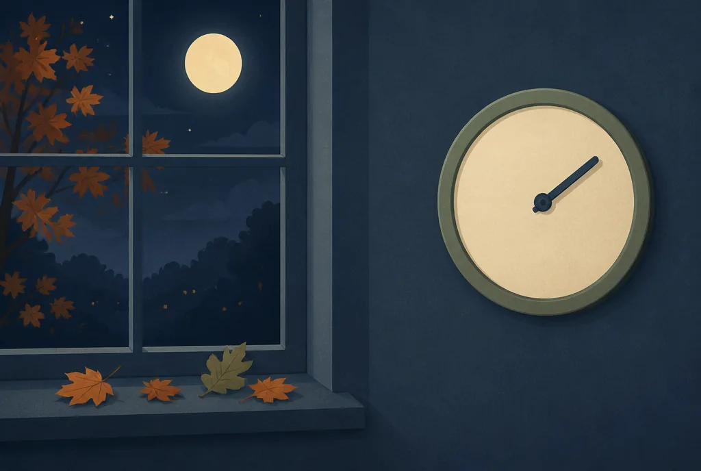 Wall clock beside a window at dusk in autumn with fallen leaves on the windowsill