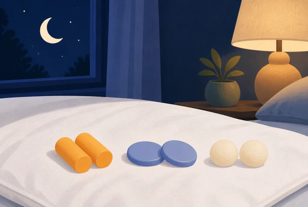 Foam, silicone and wax earplugs laid side by side on a white pillowcase
