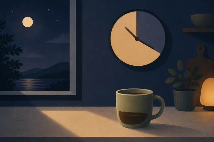 How Long Does Caffeine Stay in Your System? Half-full coffee mug on a kitchen counter with a wall clock showing late afternoon