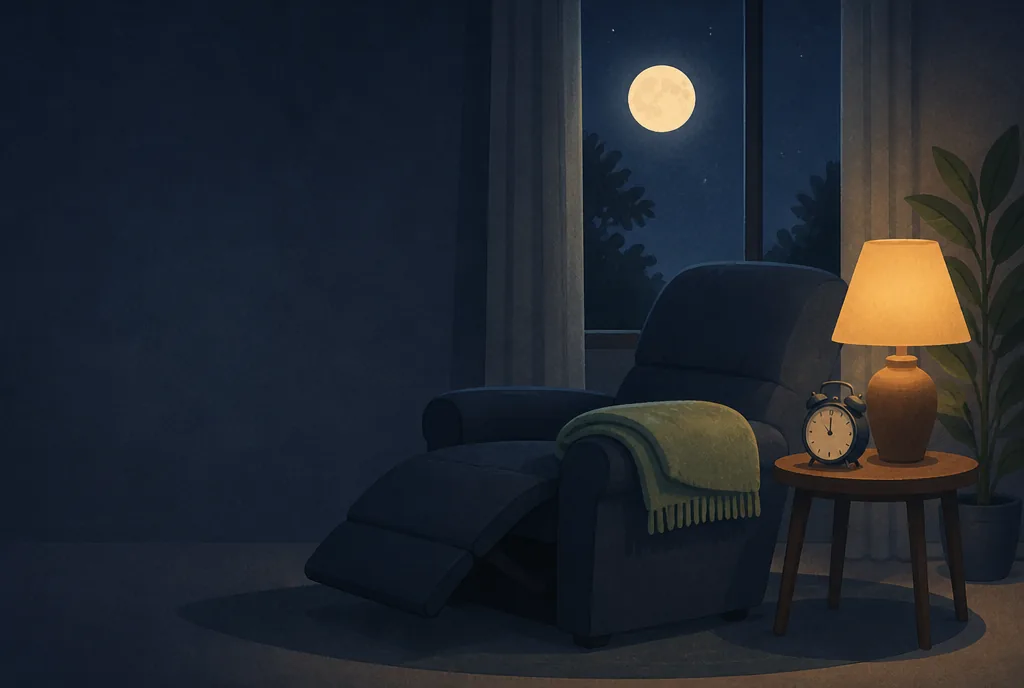 How Long Should a Nap Be? Power Nap vs Full-Cycle Nap Reclined armchair by a sunny window with a folded blanket and a small alarm clock for an afternoon nap