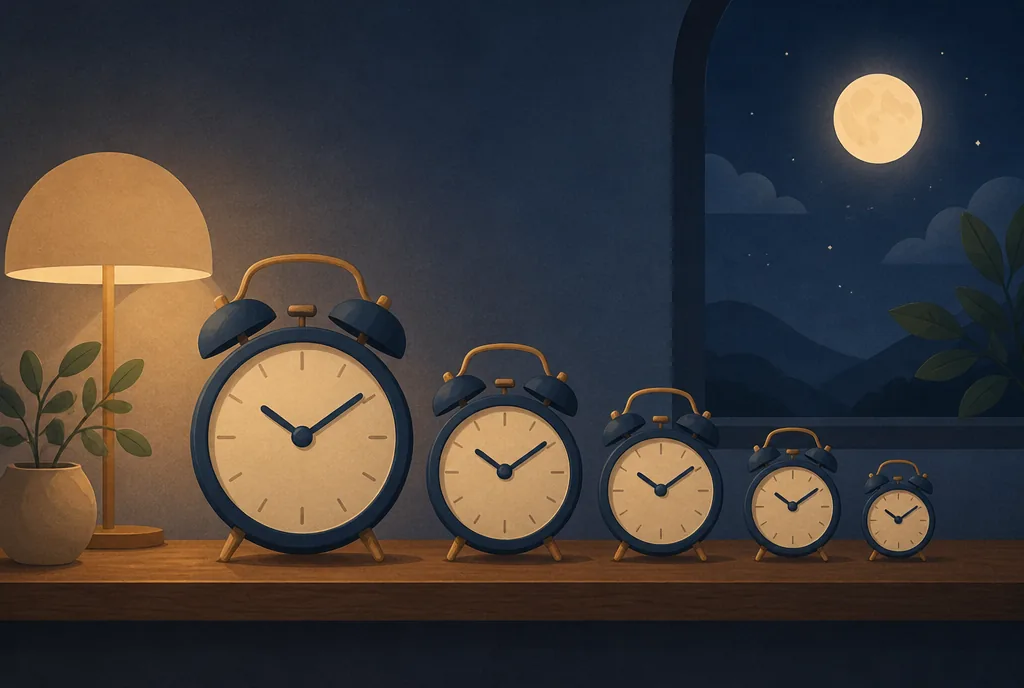 How Much Sleep Do You Need by Age? (AASM and CDC Chart) Five alarm clocks of decreasing size lined up on a wooden shelf in soft evening light