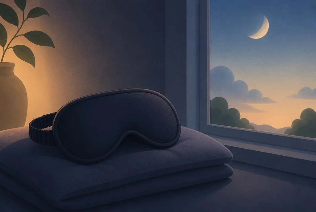 How to Choose a Sleep Mask That Actually Blocks Light Contoured sleep mask resting on a pillow next to a window at sunrise