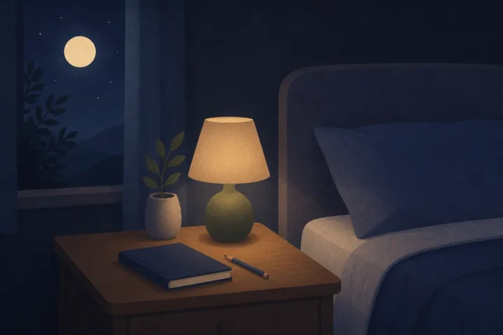 How to Fall Asleep Fast: 12 Methods Ranked by Evidence Bedside table at night with a closed notebook and a dim lamp next to a made bed