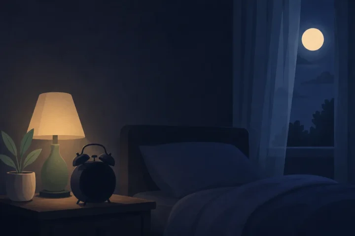 How to Fall Back Asleep in the Middle of the Night Alarm clock turned toward the wall on a nightstand in a dark bedroom lit by moonlight