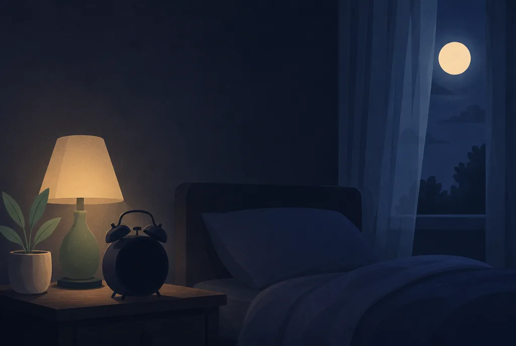 How to Fall Back Asleep in the Middle of the Night Alarm clock turned toward the wall on a nightstand in a dark bedroom lit by moonlight