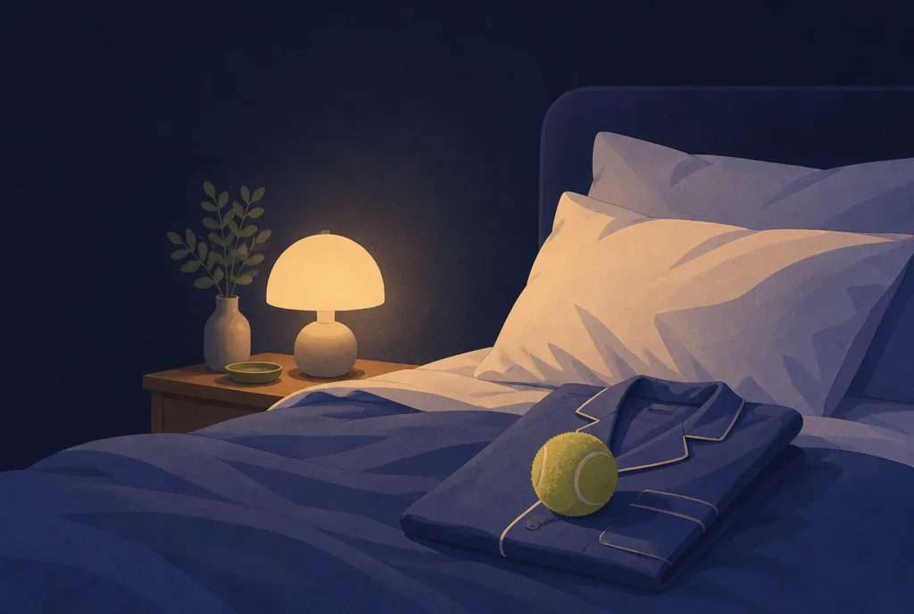 Snoring: Why It Happens and How to Stop A tennis ball on a folded pajama top on a bed with rumpled pillows in soft night light