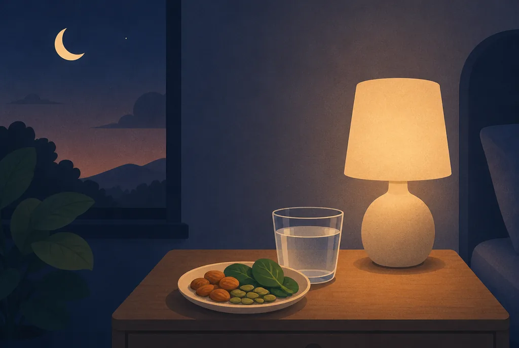 Almonds, pumpkin seeds and spinach in a small dish beside a glass of water on a nightstand