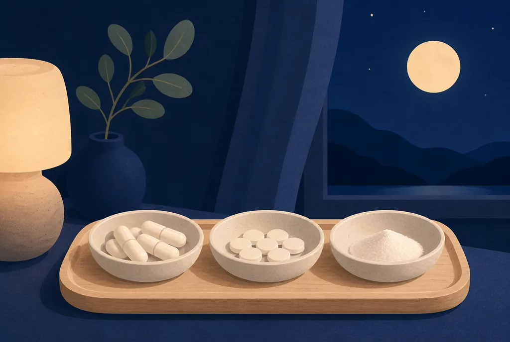 Magnesium Glycinate vs Citrate vs Oxide: Which Form for Sleep? Three small dishes with capsules, tablets and powder on a wooden tray, comparing supplement forms