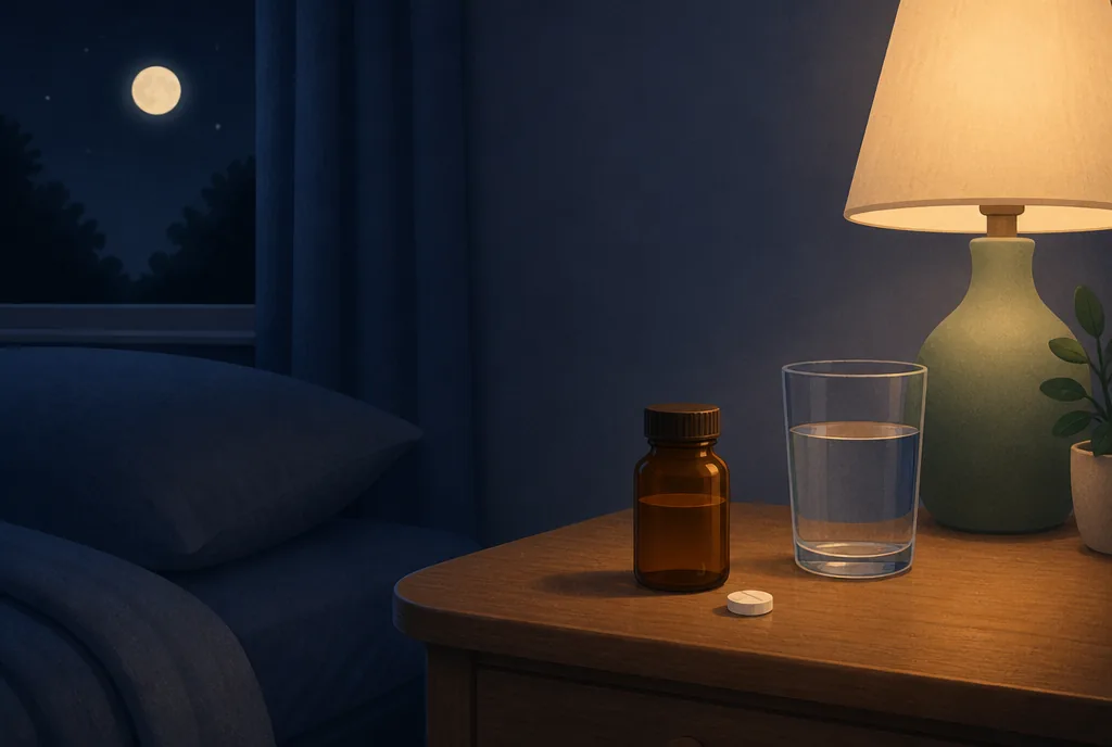Amber supplement bottle and one tablet beside a glass of water and a dim lamp on a nightstand