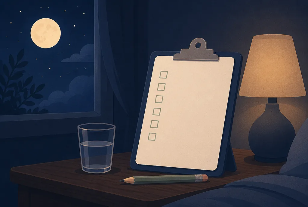 Sleep Hygiene Checklist: 15 Habits That Matter (Printable) Clipboard with a blank tick-box checklist, a pencil and a dim bedside lamp on a nightstand