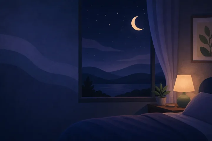 Sleep Stages Explained: N1, N2, Deep Sleep and REM Bedroom window at night with layered blue and violet waves suggesting the cycles of sleep