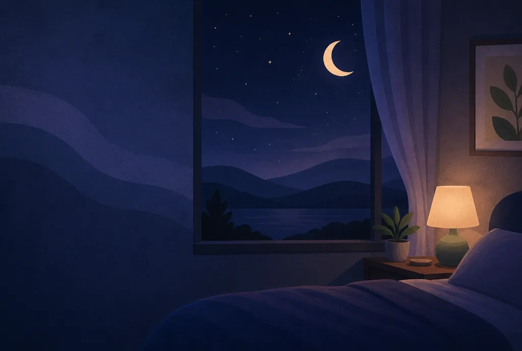 Sleep Stages Explained: N1, N2, Deep Sleep and REM Bedroom window at night with layered blue and violet waves suggesting the cycles of sleep