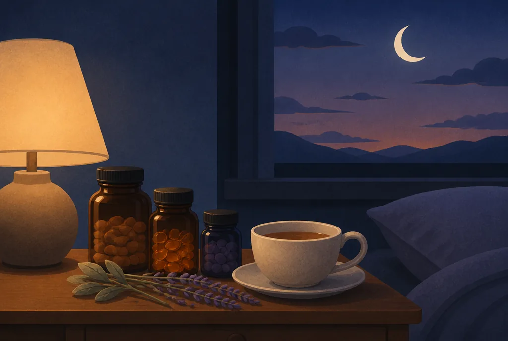 Sleep Supplements: An Evidence Table of What Works and What Doesn't Unlabeled supplement bottles beside a lavender sprig and a cup of tea on a nightstand