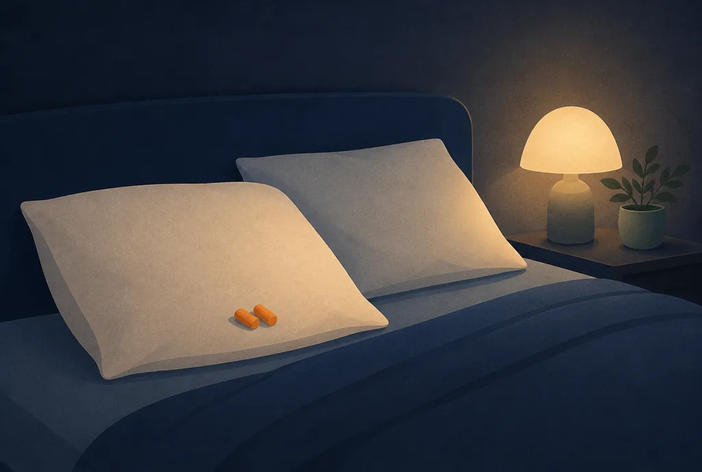 How to Sleep Next to a Snoring Partner A pair of foam earplugs resting on one of two pillows on a bed lit by a dim bedside lamp