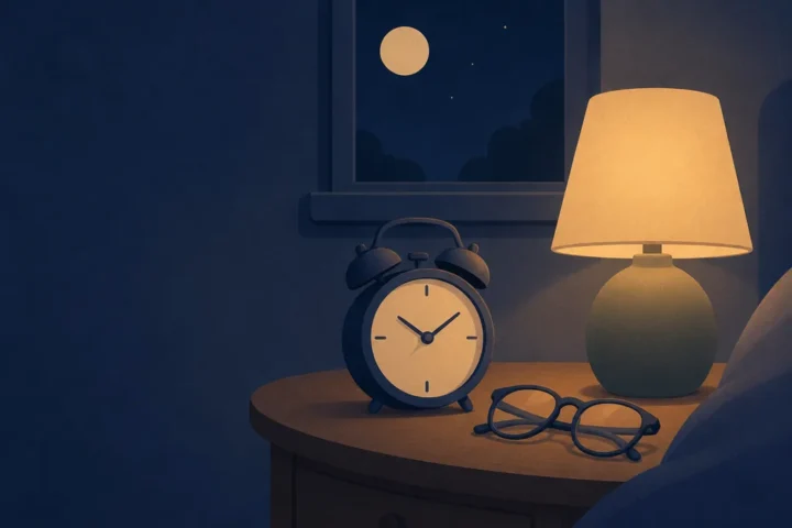 What Time Should I Go to Bed? A Bedtime Guide by Wake Time and Age Analog alarm clock and folded glasses on a nightstand next to a lamp at night