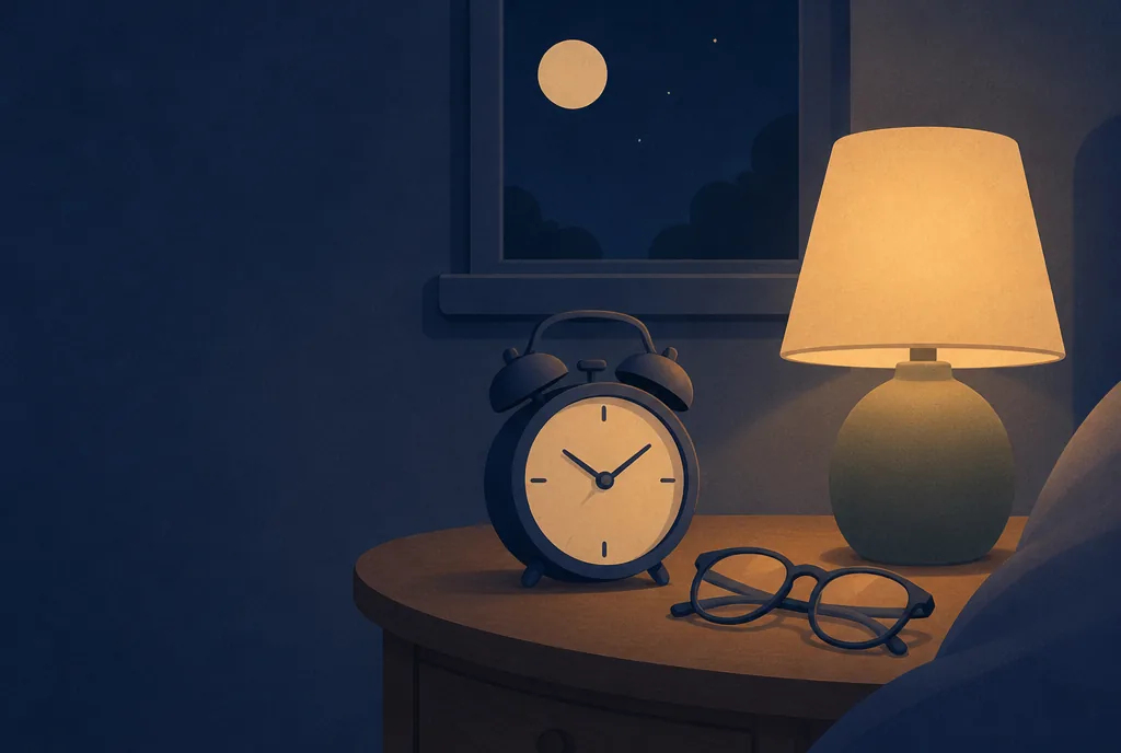 What Time Should I Go to Bed? A Bedtime Guide by Wake Time and Age Analog alarm clock and folded glasses on a nightstand next to a lamp at night