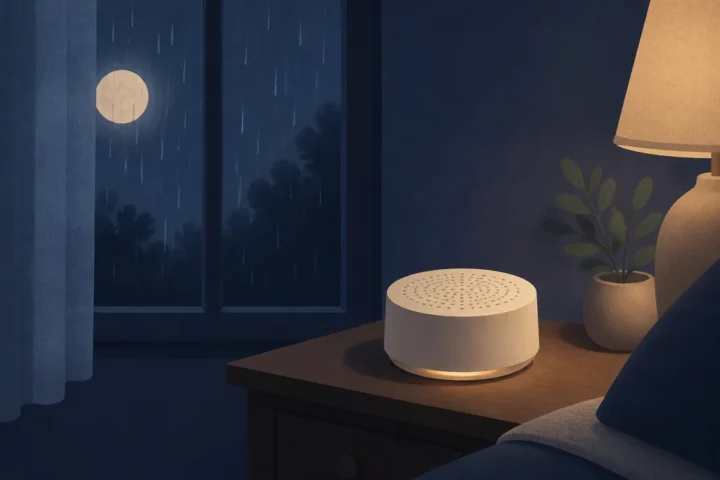 White vs Pink vs Brown Noise for Sleep: Which Should You Use? A round sound machine on a nightstand next to a rain-streaked window in dim evening light