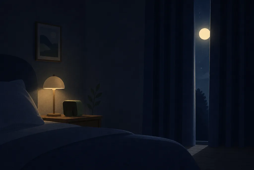 Why You Wake Up at 3 AM (and How to Fall Back Asleep) Dark bedroom at night with a bedside clock turned to face the wall and moonlight through the curtains